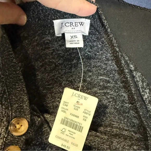 J. Crew NWT Gray/Black Marled Crew Neck Sweater with Button Shoulder | Size XS - Picture 5 of 7